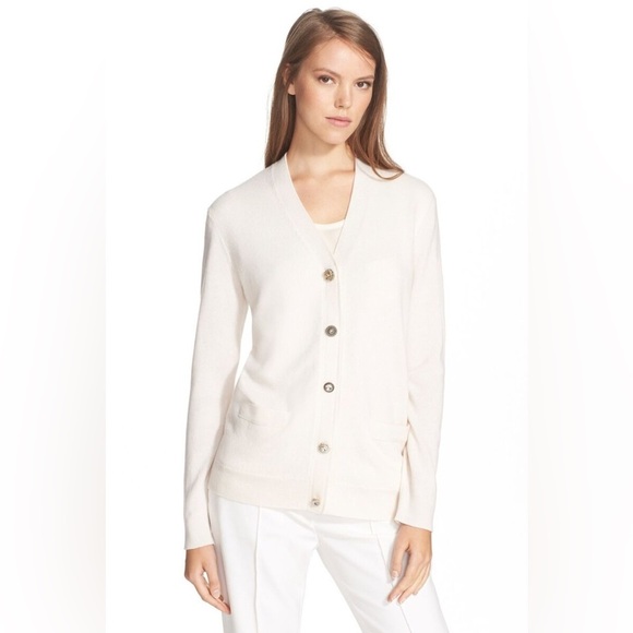 Tory Burch Jeweled Button Merino Wool Cardigan Small Ivory V-Neck - Picture 1 of 10